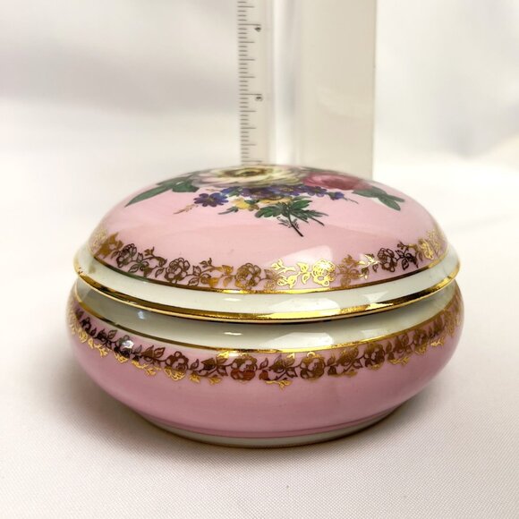 Limoges France Vintage Porcelain Trinket Box Pink Floral Vanity Dish Gold Trim - Picture 10 of 11